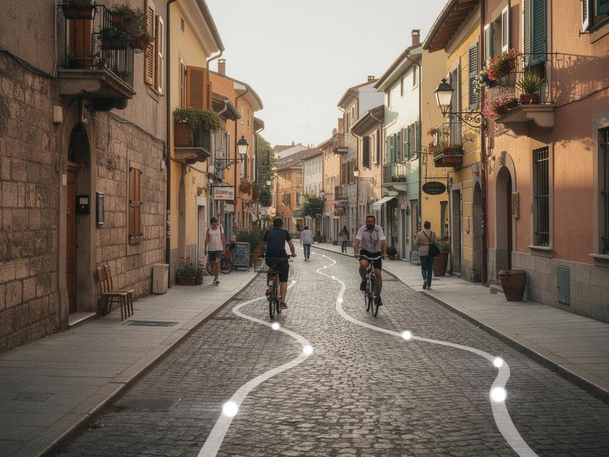 Old-city street view with a route overlay line